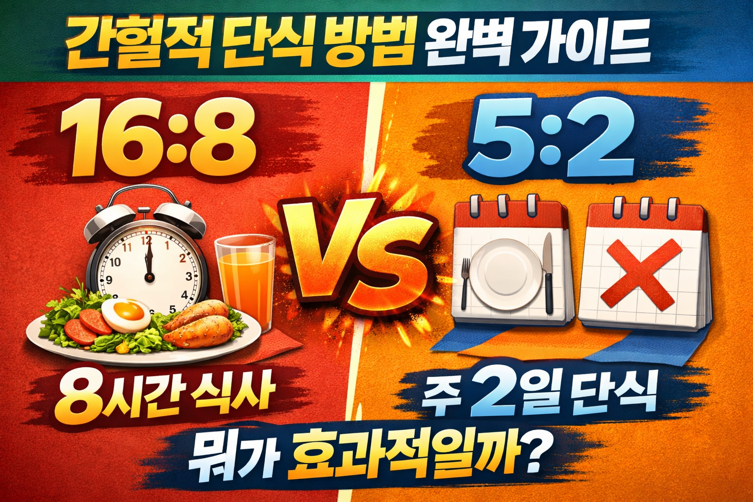 간헐적 단식 방법 완벽 가이드, 16:8 vs 5:2 뭐가 효과적일까? 설명하는 썸네일 이미지