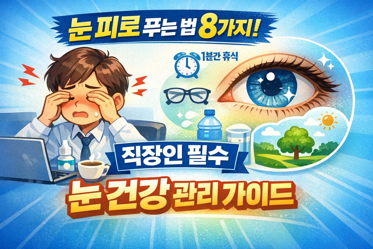 눈 피로 푸는 법 8가지, 직장인 필수 눈 건강 관리 가이드 설명하는 썸네일 이미지