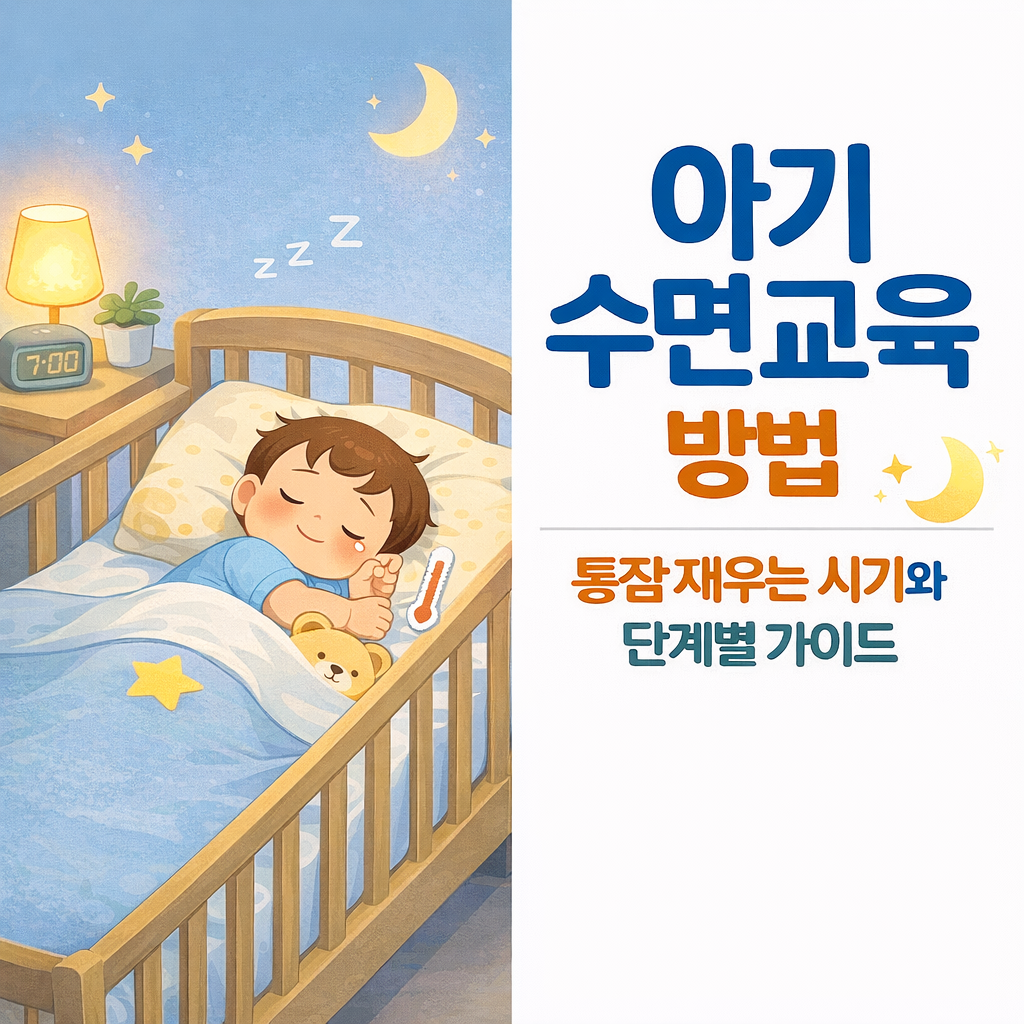 아기 수면교육 방법, 통잠 재우는 시기와 단계별 가이드 설명하는 썸네일 이미지