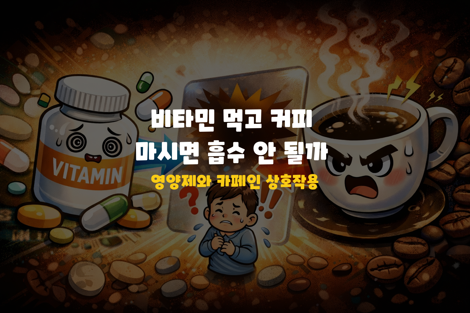 비타민 먹고 커피 마시면 흡수 안 될까? 영양제와 카페인 상호작용 설명하는 썸네일 이미지