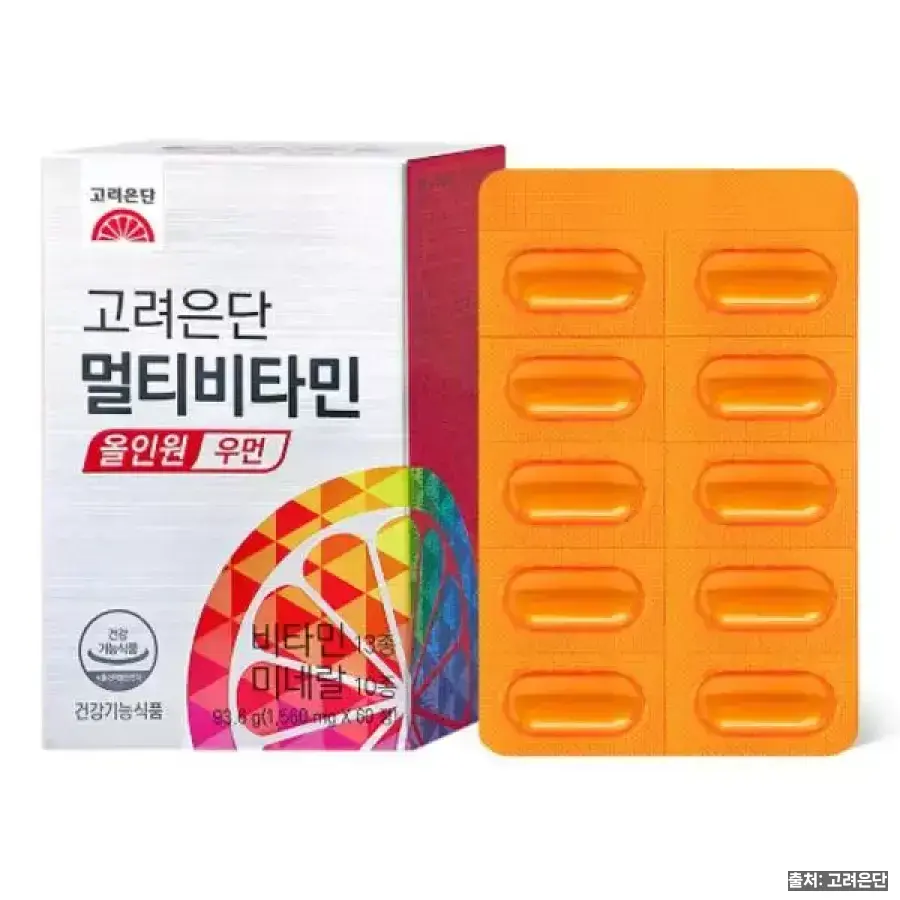 20대부터 60대까지 골라 먹는 고려은단 멀티비타민 6가지 5 고려은단 멀티비타민 올인원 우먼 붉은색 라벨 상자와 주황색 정제 블리스터