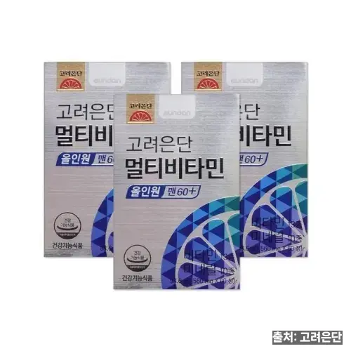 20대부터 60대까지 골라 먹는 고려은단 멀티비타민 6가지 6 고려은단 멀티비타민 올인원 맨 60+ 파란색 라벨 상자 세 개가 놓인 제품 사진